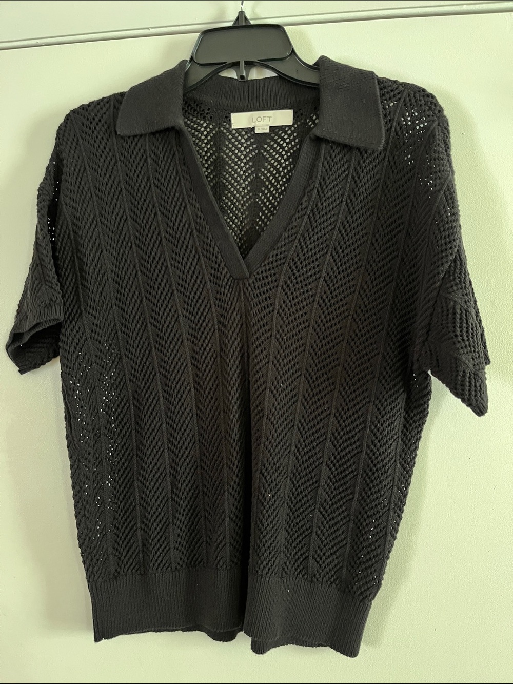 LOFT Black Open-Knit V-Neck Polo Sweater